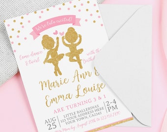 Ballerina Birthday Invitation for Siblings, Editable Ballet Invitation, Joint Party, Pink & Gold, Tutu Birthday, INSTANT DOWNLOAD