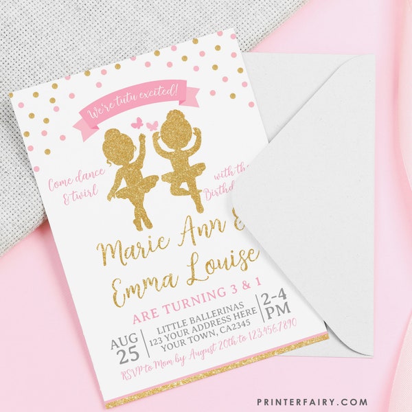 Ballerina Birthday Invitation for Siblings, Editable Ballet Invitation, Joint Party, Pink & Gold, Tutu Birthday, INSTANT DOWNLOAD
