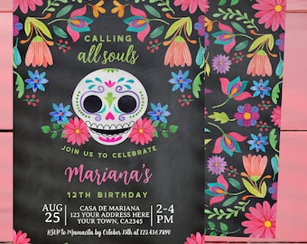 Editable Day of the Dead Birthday Invitation, Dia de los muertos Birthday Party, Halloween Invitation, Sugar Skull Invitation EDIT YOURSELF