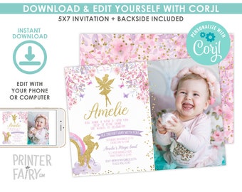 EDITABLE Fairy and Unicorn Invitation with Photo, Floral Birthday Party, Magical Birthday Party, EDIT YOURSELF Digital Invite