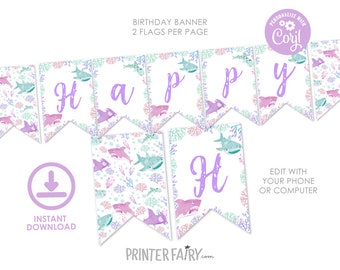 Shark Banner, EDITABLE, Shark Girl Birthday Party, Under the Sea Birthday Decorations, Printable Bunting Banner, INSTANT DOWNLOAD