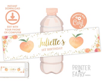 Peach Water Bottle Labels, EDITABLE, Sweet as a peach, Peach Birthday, Floral Birthday, Girl Birthday Invite, Peach Labels, INSTANT DOWNLOAD