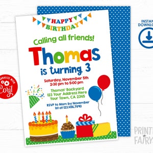 Birthday Party Invitation, Editable Birthday Invitation, Cake Invitation, Balloon Birthday Invitation, INSTANT DOWNLOAD image 1