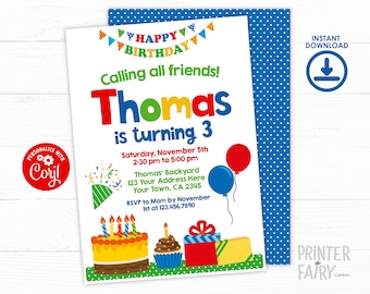 Birthday Party Invitation, Editable Birthday Invitation, Cake Invitation, Balloon Birthday Invitation, INSTANT DOWNLOAD