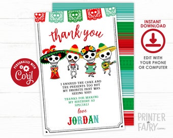 Day of The Dead Thank You Cards, Editable Thank You Card, Dia de los muertos thank you cards, Dia de los muertos birthday, Instant Download