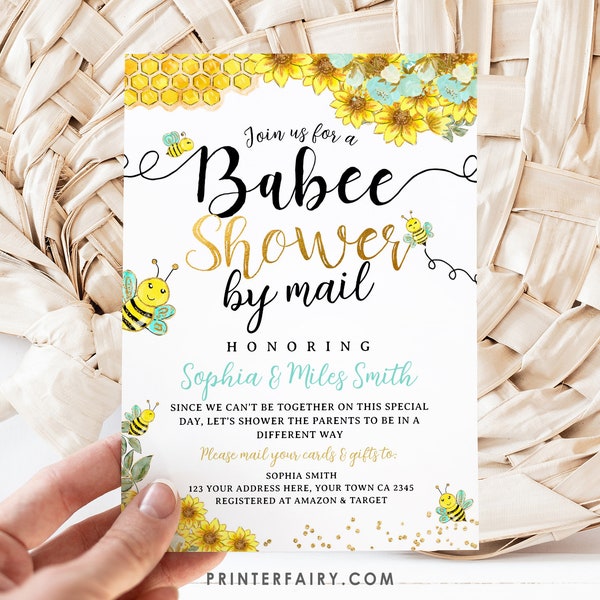 Baby Shower by Mail Invitation, Bee Baby Shower by Mail, Editable, Babee Shower, Sunflower Bee Invitation, Mom to Bee, Instant Download