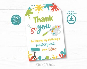 Paint Party Favor Tags, EDITABLE, Art Birthday Party than you tags, Art Party Decor, Art Themed Party, Paint Party Invites, Painting Party