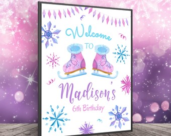 Ice Skating Welcome Sign, Editable Winter Wonderland Birthday Signe, Snowflake Birthday Party Decoration, Printable, Instant Download