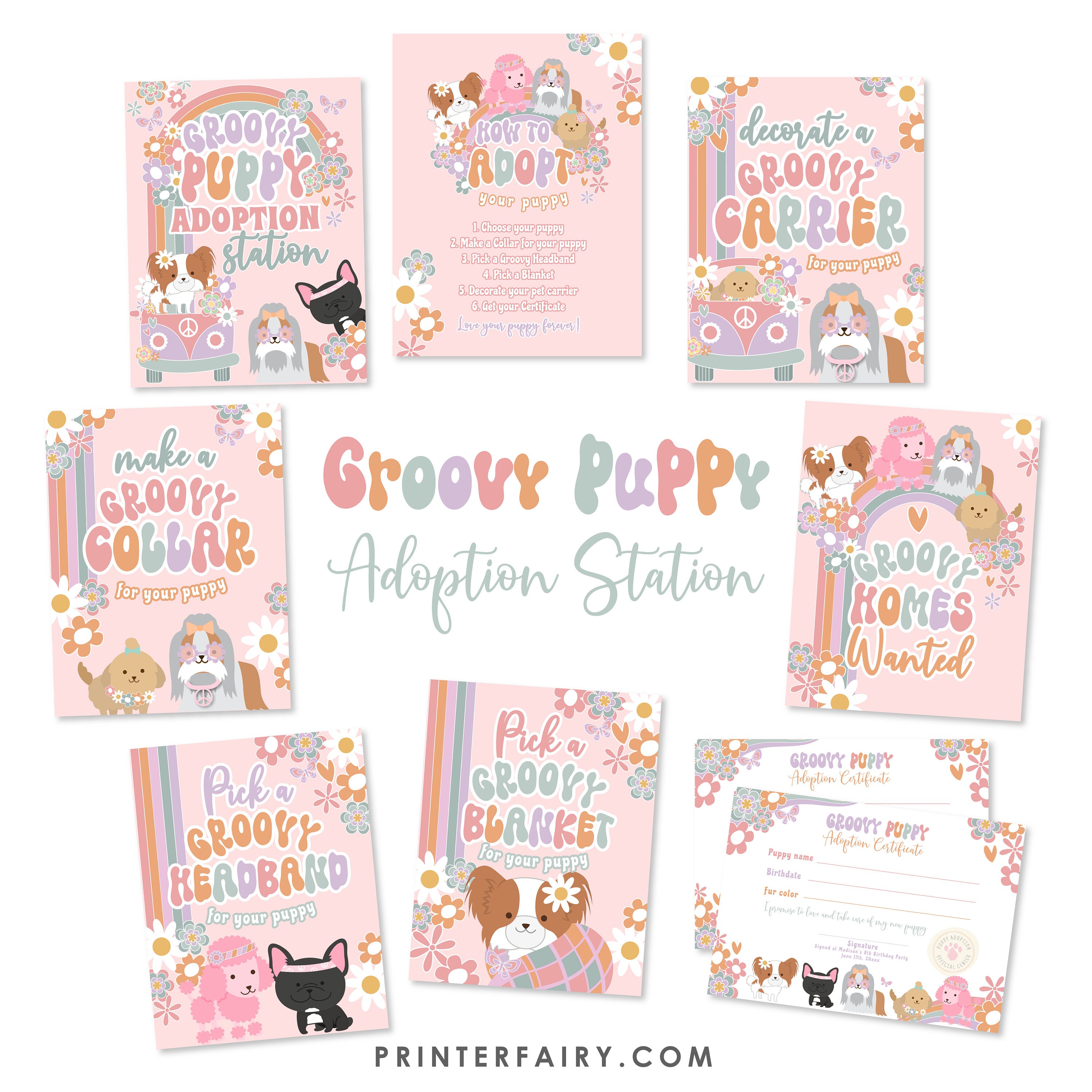 Groovy Puppy Adoption Station with Adoption Certificate Adopt a Pet Sign Party Games Puppy Birthday Pawty Adopt a Dog Instant Download GR1