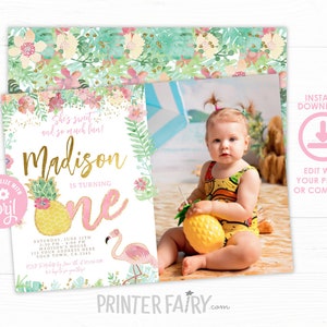 Flamingo First Birthday Invitation with photo, EDITABLE, Pineapple 1st Birthday Invitation, Tropical Birthday Party, INSTANT DOWNLOAD