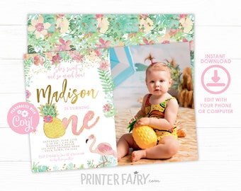 May include: A tropical-themed first birthday invitation with a pink flamingo, pineapple, and gold glitter accents. The invitation features a photo of a baby girl in a swimsuit holding a pineapple. The text on the invitation reads "She's sweet and so much fun! Madison is turning one. Saturday, June 12th 2:30 PM - 4:00 PM Madison's House 111 Your Address Here Your Town, CA 2345 RSVP by June 1st at 2345551234 We hope to see you there!"