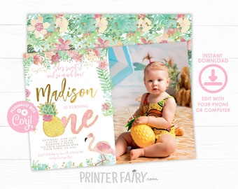 Flamingo First Birthday Invitation with photo, EDITABLE, Pineapple 1st Birthday Invitation, Tropical Birthday Party, INSTANT DOWNLOAD