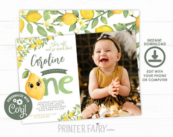 Lemon First Birthday Invitation, Editable, Citrus Invitation, Lemonade Birthday Party, Sunshine Birthday Invitation, Instant Download