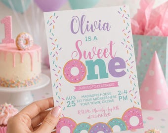 Sweet One Donut Birthday Invitation, Editable First Party Invite (Digital Download)