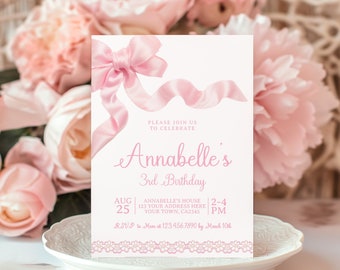 Coquette Birthday Invitation Template, Pink Bow Party Invite (Instant Download)