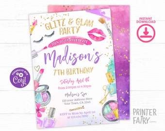 Glitz & Glam Party Invitation, Spa Party Invitation, Spa Birthday Party Invitation, Glam Makeup Slumber Party Invite, Glam Girl Spa Editable