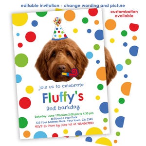Invitación de cumpleaños de perro peludo con foto, plantilla editable, invitación de cachorro con foto, invitación de cumpleaños de perro con colores primarios