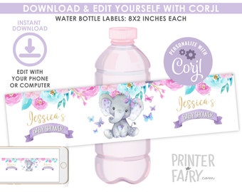 Elephant Water Bottle Labels, EDITABLE, Elephant Baby Shower, Elephant Birthday, Floral Butterflies, Party Decorations, INSTANT DOWNLOAD