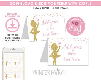 Ballerina Food tents, EDITABLE, Ballet Place Cards, EDIT YOURSELF, Ballerina Birthday Decorations, Instant Download