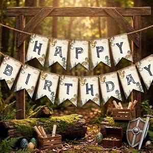 Dragon Birthday Party Printable Bunting Banner Editable Template, Instant Download