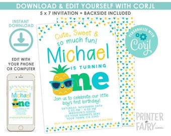 Pineapple First Birthday Invitation, EDITABLE, Pineapple Birthday Party, Luau Invitation, Pineapple Invite, EDIT YOURSELF, Instant Download