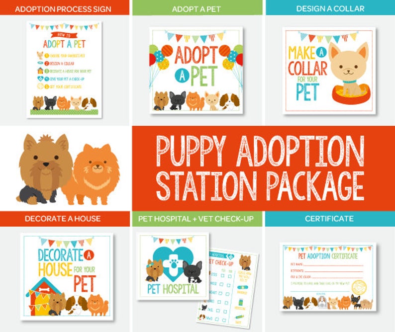 May include: A printable puppy adoption station package with colorful illustrations of dogs. The package includes activities like designing a collar, decorating a house, and a pet hospital and vet check-up.