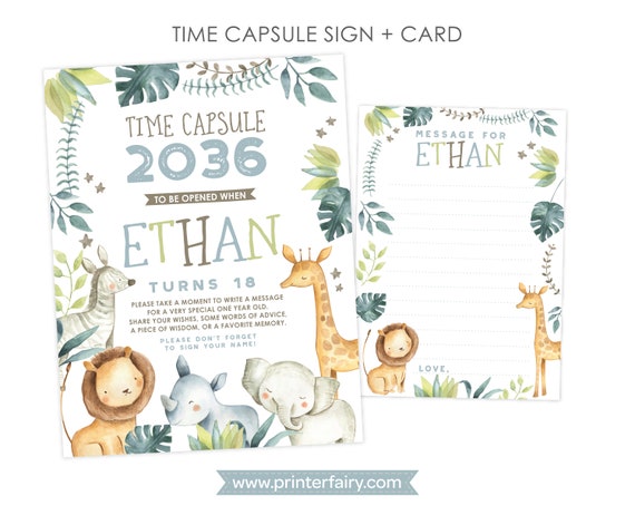 Jungle Time Capsule, Personalized sign + card, Safari 1st Birthday, Personalized Printable Time Capsule, DIGITAL Il_570xn