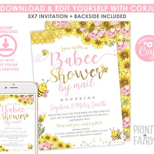 Baby Shower by Mail Invitation, Bee Baby Shower by Mail, Editable, Babee Shower, Sunflower Bee Invitation, Mom to Bee, Instant Download image 2