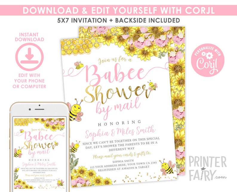 Baby Shower by Mail Invitation, Bee Baby Shower by Mail, Editable, Babee Shower, Sunflower Bee Invitation, Mom to Bee, Instant Download image 2