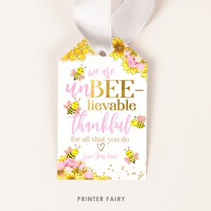Etiquetas de regalo imprimibles con mensaje &quot;Apicultura agradecida&quot;. Etiquetas de regalo editables en amarillo, rosa y dorado. Descarga instantánea.