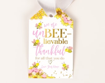 Bee Thankful Printable Appreciation Gift Tags, Editable Bee Gift Tags in Yellow, Pink and Gold, Instant Download