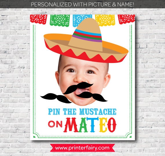 Pin The Mustache game, Fiesta 1st Birthday, Mexican Birthday Party, White background Poster, DIGITAL Personalized item Il_570xn