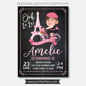 Paris Birthday Invitation with Photo, Bicycle Party, Paris theme Party, Pink and black Invitation, Digital, 2 Options image 2