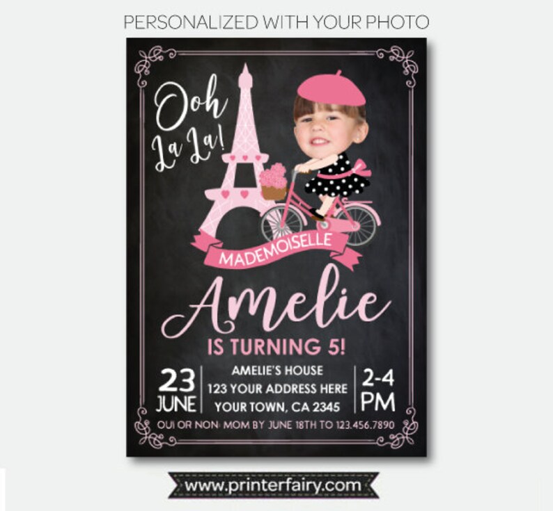 Paris Birthday Invitation with Photo, Bicycle Party, Paris theme Party, Pink and black Invitation, Digital, 2 Options image 2