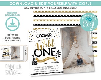 EDITABLE Wild One First Birthday Invitation with Photo, Wild One Party, 1st Birthday Invitation, EDIT YOURSELF Digital Invite