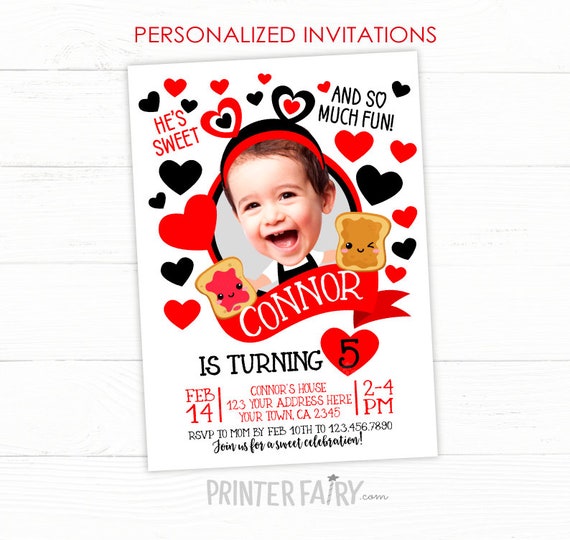 Valentines Day Birthday Invitation with Photo, PB&J Invitation, Peanut Butter Jelly Birthday, Personalized Printable Invite Il_570xn