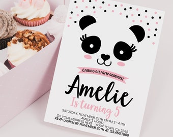 EDITABLE Panda Birthday Invitation, Black White & Pink Birthday Party, Modern Birthday, Panda Invitation, EDIT YOURSELF Digital Invite