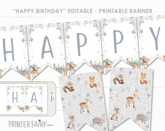 Winter Wonderland Birthday Banner, EDITABLE, Winter Birthday Party, Winter Floral, Winter Wonderland Birthday Decor, INSTANT DOWNLOAD