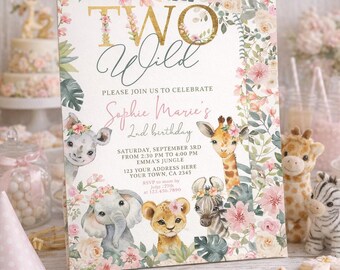 Invito di compleanno a tema safari con animali della giungla e fiori (download digitale)