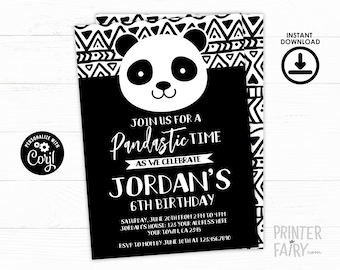 Panda Birthday Invitation, EDITABLE, Panda Birthday party, Black white Party, Panda Invitation, INSTANT DOWNLOAD