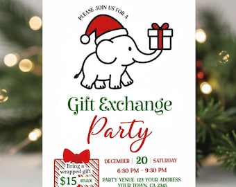 Puede incluir: Tarjeta de invitación blanca para una fiesta de intercambio de regalos. La tarjeta presenta un elefante de dibujos animados con un gorro de Papá Noel y un regalo. El texto incluye "Gift Exchange Party", fecha, hora e información de RSVP.