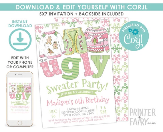 Ugly Sweater Christmas Birthday Invitation, EDITABLE, Christmas Party, Ugly Sweater Party Invitation, DIGITAL, Instant Download Il_570xn