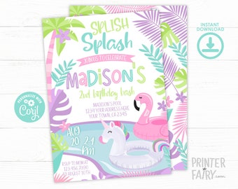 Flamingo Invitation, Pool Party Invitation, Unicorn Invitation, Flamingo Float Birthday Party, Summer Birthday Invitation, INSTANT DOWNLOAD