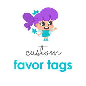 Op de afbeelding: Een grillige illustratie toont een cartoonfee met paars haar, een blauwe jurk en vleugels. De tekst "custom favor tags" wordt weergegeven in een speels lettertype. Het websiteadres www.printerfairy.com staat onderaan.