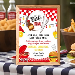 BBQ Party Menü Schild, bearbeitbare Grill Geburtstag Party Dekorationen, Grill Essen Tisch Schild, Grill Hinterhof Essen Tisch Menü, printable, Instant Download