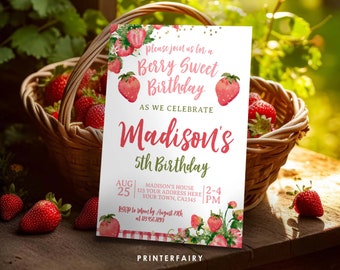 Strawberry Birthday Invitation, EDITABLE, Berry Sweet Celebration, Berry Sweet Birthday, Floral Invitation, INSTANT DOWNLOAD