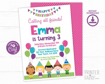 Birthday Party Invitation, Editable Birthday Invitation, Cake Invitation, Balloon Birthday Invitation, Park invitation, INSTANT DOWNLOAD