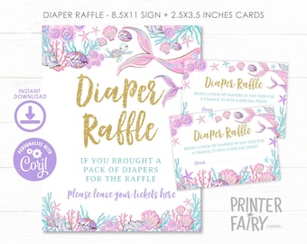 Mermaid Baby Shower, EDITABLE, Diaper Raffle, Girl Baby Shower, Baby Shower Printable Games, Mermaid Diaper Raffle, INSTANT DOWNLOAD