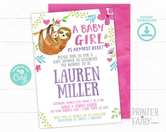 Sloth Baby Shower Invitation, EDITABLE Baby Shower Invitation, Bear Invitation, Baby Girl Invitation, EDIT YOURSELF Digital Invite