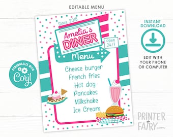 Diner Menu, 50s Birthday Party, Retro Birthday Party, Editable Menu, Birthday Sign, Restaurant Menu Sign, INSTANT DOWNLOAD